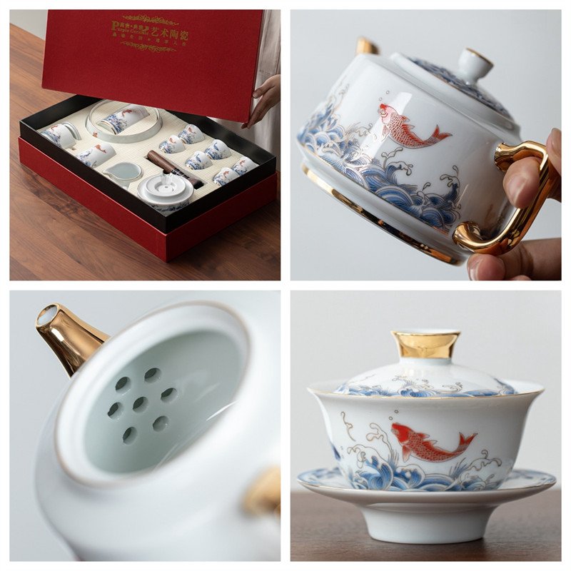 Fish And Waves Pattern Porcelain Traditional Chinese Tea Ceremony Set With Gift Box Fish And Waves Pattern Porcelain Traditional Chinese Tea Ceremony Set With Gift Box
