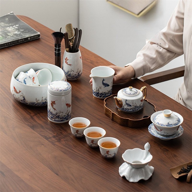 Fish And Waves Pattern Porcelain Traditional Chinese Tea Ceremony Set With Gift Box Fish And Waves Pattern Porcelain Traditional Chinese Tea Ceremony Set With Gift Box
