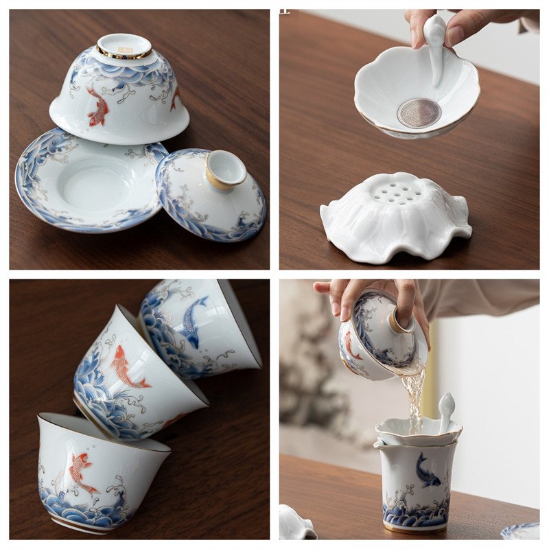 Fish And Waves Pattern Porcelain Traditional Chinese Tea Ceremony Set With Gift Box Fish And Waves Pattern Porcelain Traditional Chinese Tea Ceremony Set With Gift Box