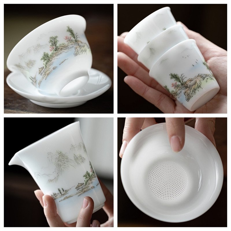 Antique Chinese Landscape Ice Jade Eggshell Porcelain Tea Gift Box Set Antique Chinese Landscape Ice Jade Eggshell Porcelain Tea Gift Box Set