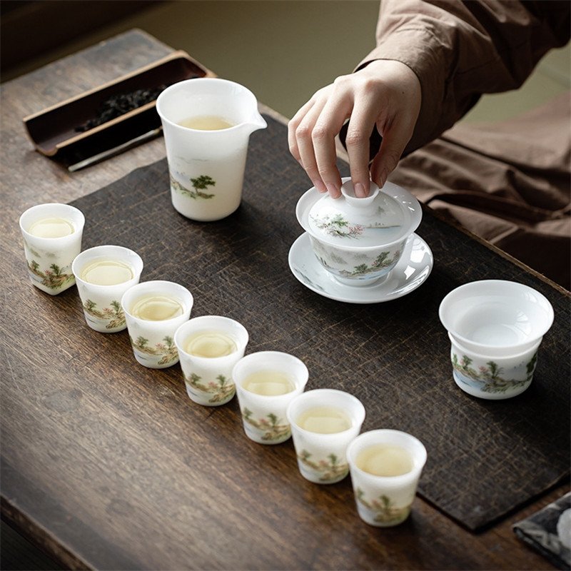 Antique Chinese Landscape Ice Jade Eggshell Porcelain Tea Gift Box Set Antique Chinese Landscape Ice Jade Eggshell Porcelain Tea Gift Box Set