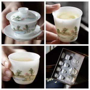 Antique Chinese Landscape Ice Jade Eggshell Porcelain Tea Gift Box Set