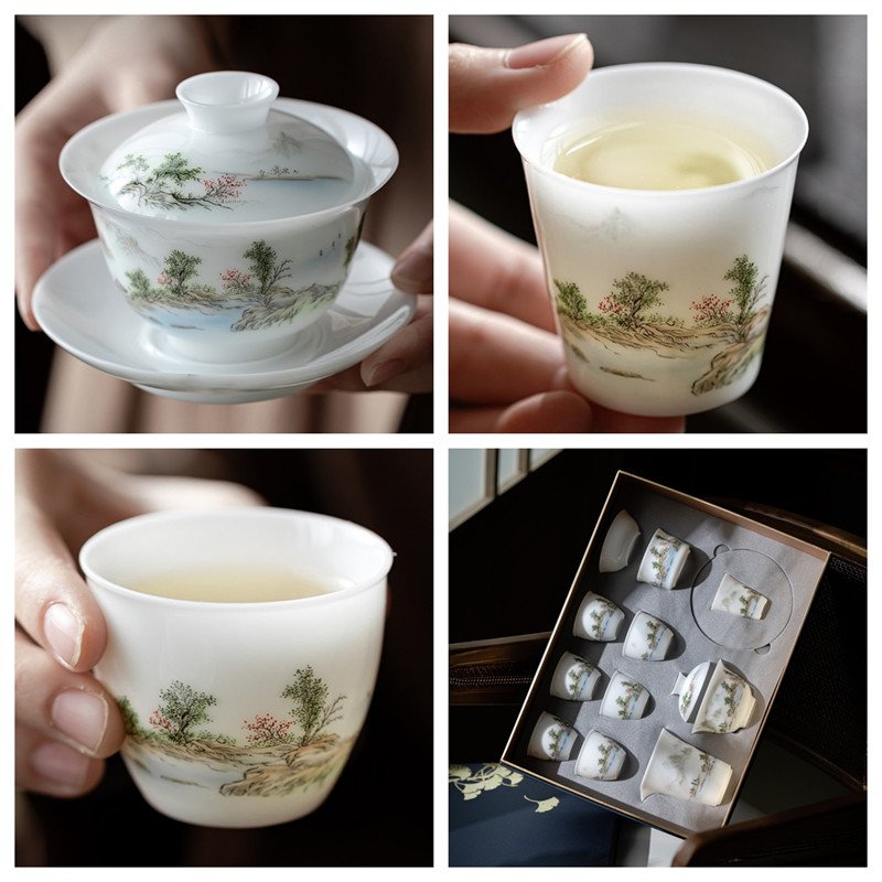 Antique Chinese Landscape Ice Jade Eggshell Porcelain Tea Gift Box Set Antique Chinese Landscape Ice Jade Eggshell Porcelain Tea Gift Box Set