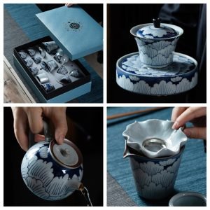 Antique Peony Petals Blue And White Porcelain Traditional Chinese Tea Set With Gift Box
