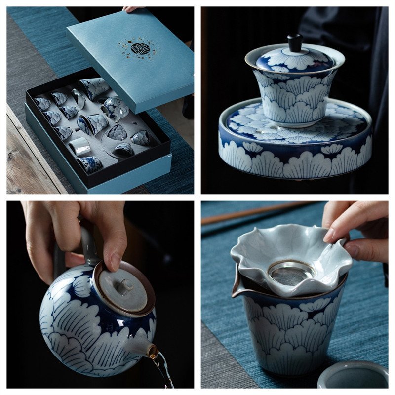 Antique Peony Petals Blue And White Porcelain Traditional Chinese Tea Set With Gift Box Antique Peony Petals Blue And White Porcelain Traditional Chinese Tea Set With Gift Box