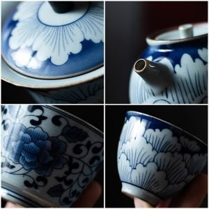 Antique Peony Petals Blue And White Porcelain Traditional Chinese Tea Set With Gift Box