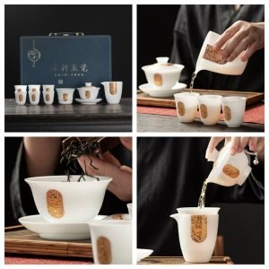 Expensive Luxury Inlaid Gold Ice Jade Eggshell Thin Porcelain Chinese Tea Set