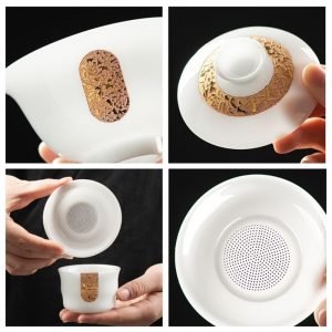 Expensive Luxury Inlaid Gold Ice Jade Eggshell Thin Porcelain Chinese Tea Set