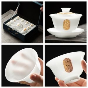 Expensive Luxury Inlaid Gold Ice Jade Eggshell Thin Porcelain Chinese Tea Set