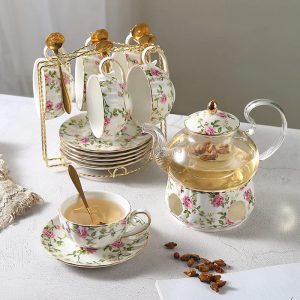 Striped Elegance Blue And Gold Hand Painted Bone China Vintage Tea And Coffee Set For Adults