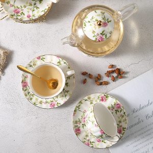 Striped Elegance Blue And Gold Hand Painted Bone China Vintage Tea And Coffee Set For Adults