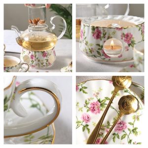 Striped Elegance Blue And Gold Hand Painted Bone China Vintage Tea And Coffee Set For Adults