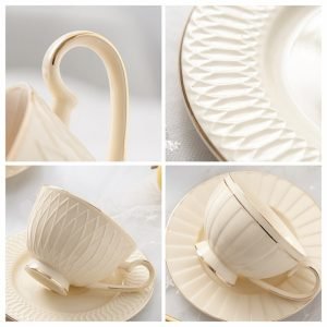 Embossed Pattern And Pumpkin-shaped Bone China Cheap Vintage Style Tea Cups With Saucers For Sale