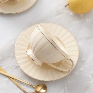 Embossed Pattern And Pumpkin-shaped Bone China Cheap Vintage Style Tea Cups With Saucers For Sale