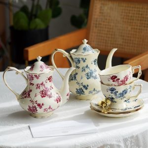 English Countryside Red And Blue Rose Bone China Coffee And Tea Sets For Adults Vintage