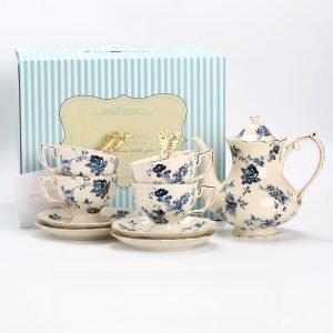 English Countryside Red And Blue Rose Bone China Coffee And Tea Sets For Adults Vintage