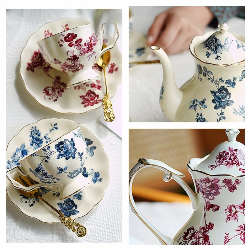 English Countryside Red And Blue Rose Bone China Coffee And Tea Sets For Adults Vintage English Countryside Red And Blue Rose Bone China Coffee And Tea Sets For Adults Vintage