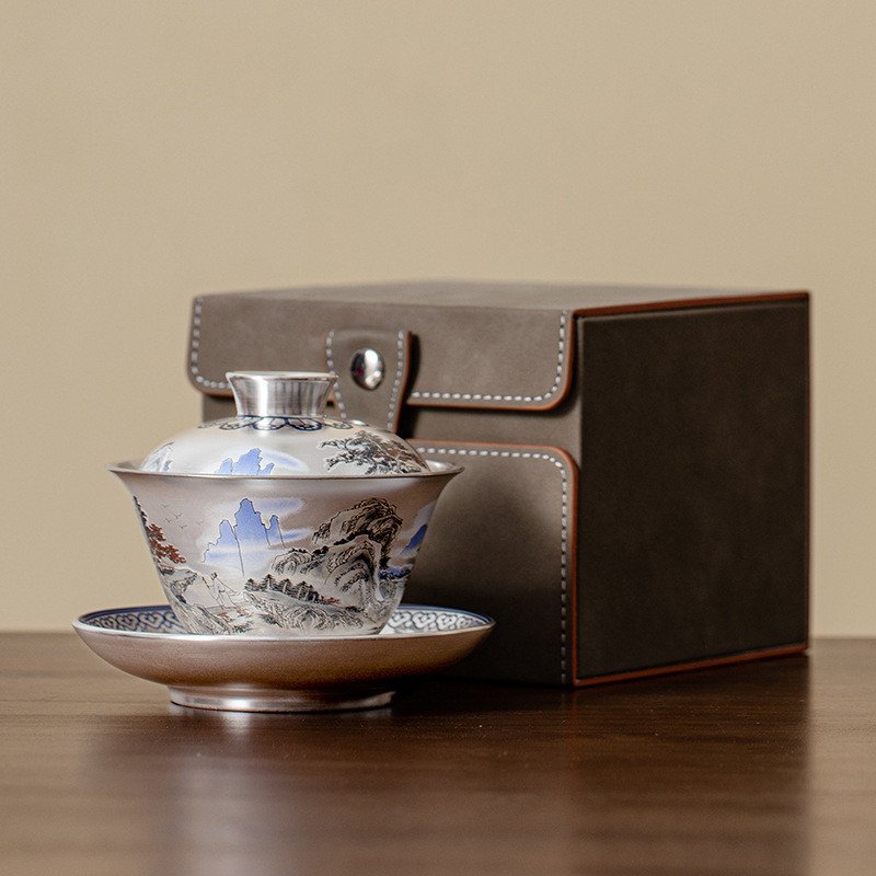 5.07fl Oz/150ml Best Landscape Painting Fine Silver Glaze Porcelain Gaiwan Teacup 5.07fl Oz/150ml Best Landscape Painting Fine Silver Glaze Porcelain Gaiwan Teacup