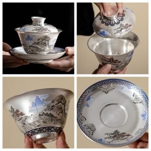5.07fl Oz/150ml Best Landscape Painting Fine Silver Glaze Porcelain Gaiwan Teacup