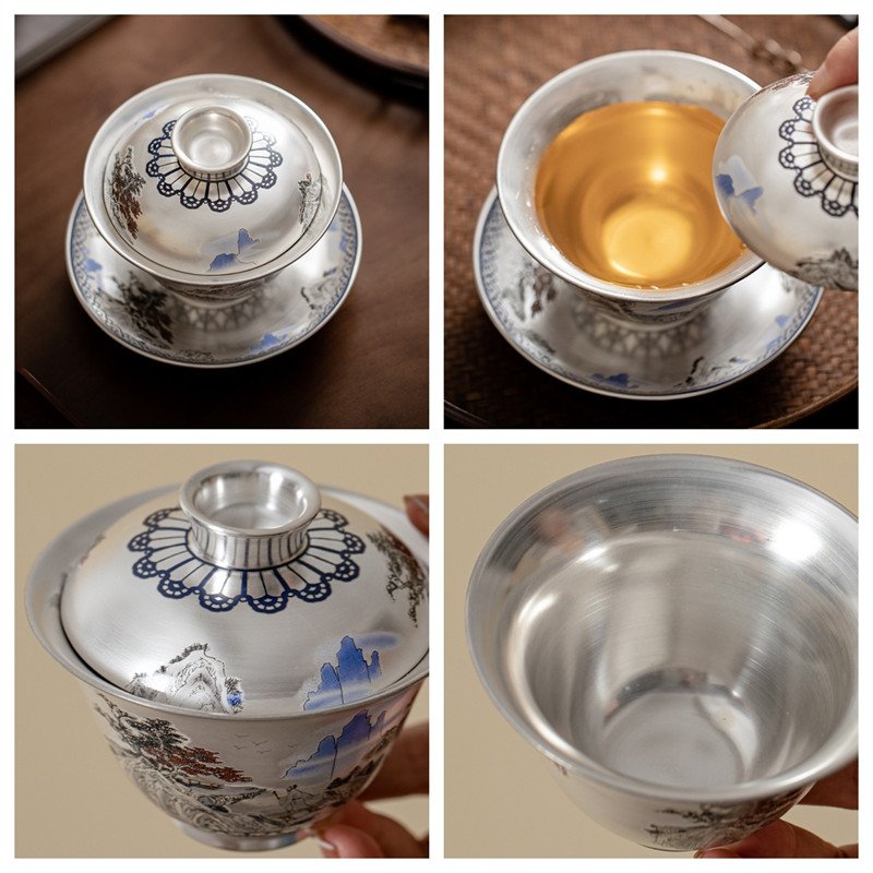 5.07fl Oz/150ml Best Landscape Painting Fine Silver Glaze Porcelain Gaiwan Teacup 5.07fl Oz/150ml Best Landscape Painting Fine Silver Glaze Porcelain Gaiwan Teacup