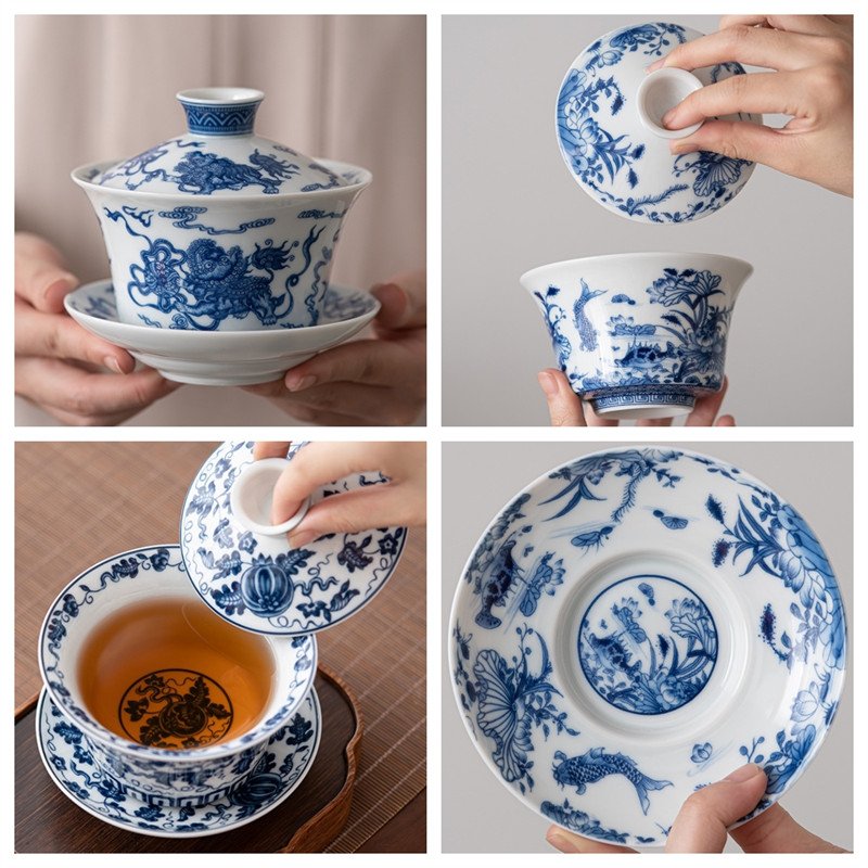 10.1fl Oz/300ml Antique Large Blue And White Porcelain Gaiwan Tea Cup For Sale 10.1fl Oz/300ml Antique Large Blue And White Porcelain Gaiwan Tea Cup For Sale
