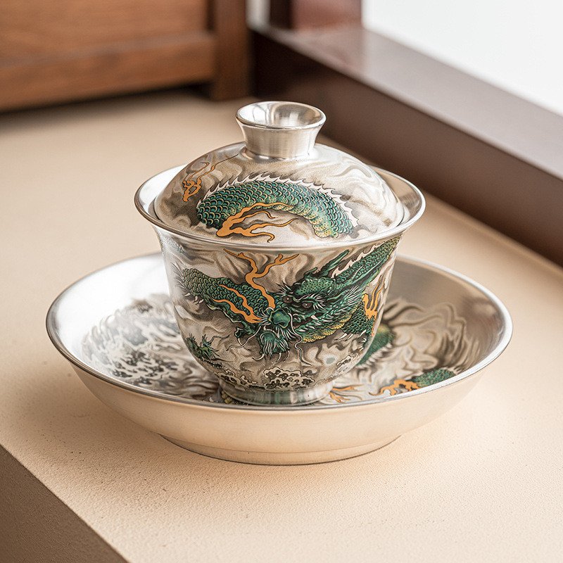 5.07fl Oz/150ml Hand Painted Green Dragon Fine Silver Glaze Porcelain Gaiwan Teapot 5.07fl Oz/150ml Hand Painted Green Dragon Fine Silver Glaze Porcelain Gaiwan Teapot