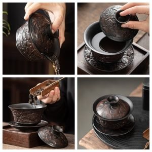 7.77fl Oz/230ml Exquisitely Carved Dragon And Phoenix Handmade Yixing Purple Clay Gaiwan Tea Cup