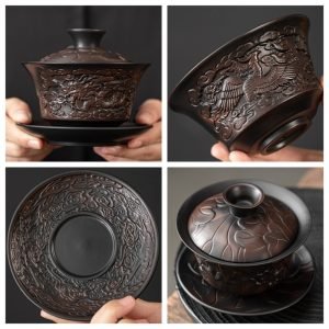 7.77fl Oz/230ml Exquisitely Carved Dragon And Phoenix Handmade Yixing Purple Clay Gaiwan Tea Cup