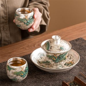 5.07fl Oz/150ml Hand Painted Green Dragon Fine Silver Glaze Porcelain Gaiwan Teapot