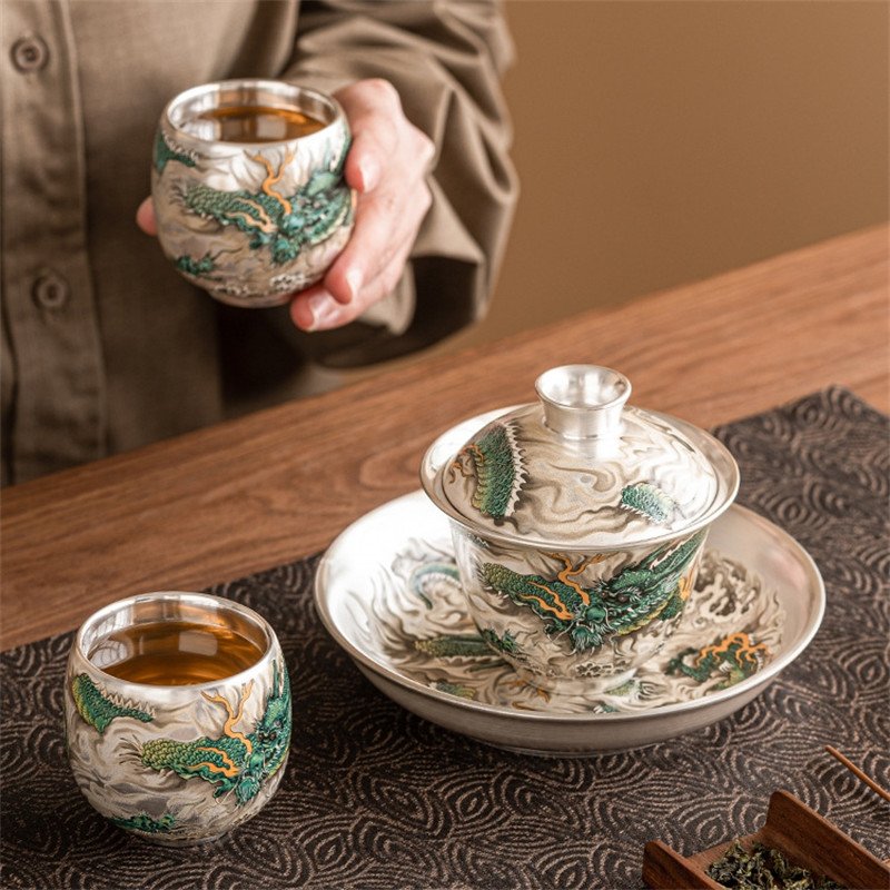 5.07fl Oz/150ml Hand Painted Green Dragon Fine Silver Glaze Porcelain Gaiwan Teapot 5.07fl Oz/150ml Hand Painted Green Dragon Fine Silver Glaze Porcelain Gaiwan Teapot