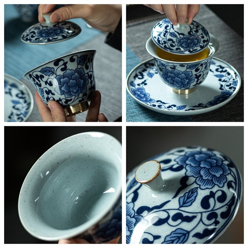 4.39fl Oz/130ml Vintage Entangled Branches Blue And White Porcelain Gaiwan Teapot 4.39fl Oz/130ml Vintage Entangled Branches Blue And White Porcelain Gaiwan Teapot