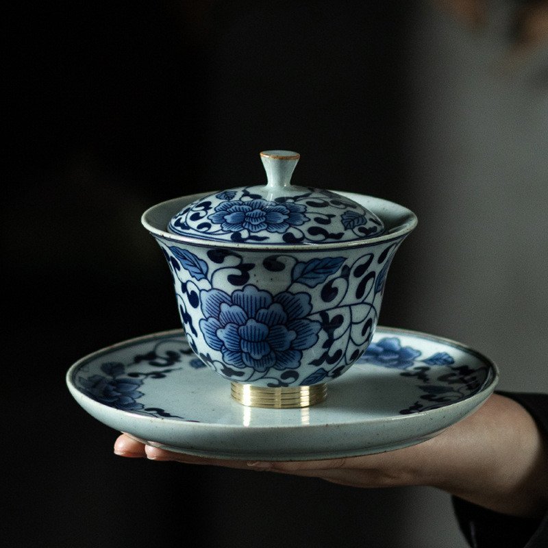 4.39fl Oz/130ml Vintage Entangled Branches Blue And White Porcelain Gaiwan Teapot 4.39fl Oz/130ml Vintage Entangled Branches Blue And White Porcelain Gaiwan Teapot