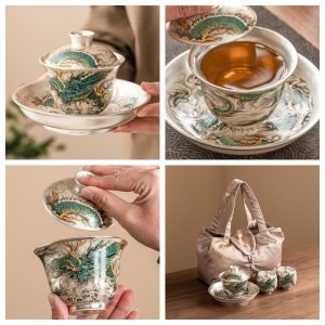 5.07fl Oz/150ml Hand Painted Green Dragon Fine Silver Glaze Porcelain Gaiwan Teapot