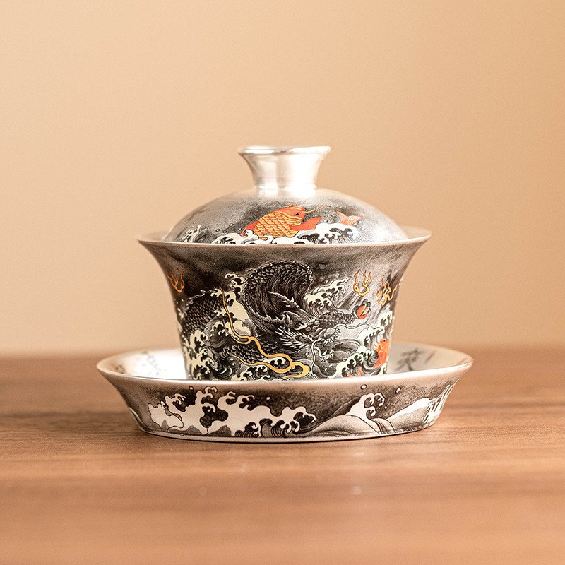5.07fl Oz/150ml Best Handmade Ink Black Dragon Fine Silver Glaze Porcelain Gaiwan Tea Pot 5.07fl Oz/150ml Best Handmade Ink Black Dragon Fine Silver Glaze Porcelain Gaiwan Tea Pot