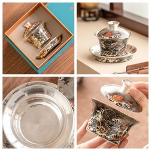 5.07fl Oz/150ml Best Handmade Ink Black Dragon Fine Silver Glaze Porcelain Gaiwan Tea Pot