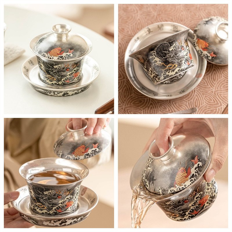 5.07fl Oz/150ml Best Handmade Ink Black Dragon Fine Silver Glaze Porcelain Gaiwan Tea Pot 5.07fl Oz/150ml Best Handmade Ink Black Dragon Fine Silver Glaze Porcelain Gaiwan Tea Pot