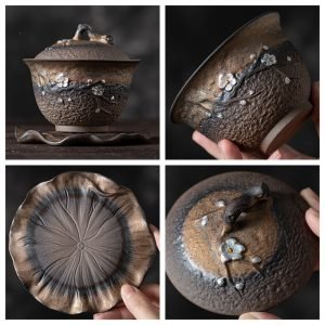 6.76fl Oz/200ml Rust Glaze Fine Silver Plum Blossom Pattern Gaiwan With Lotus Leaf Base