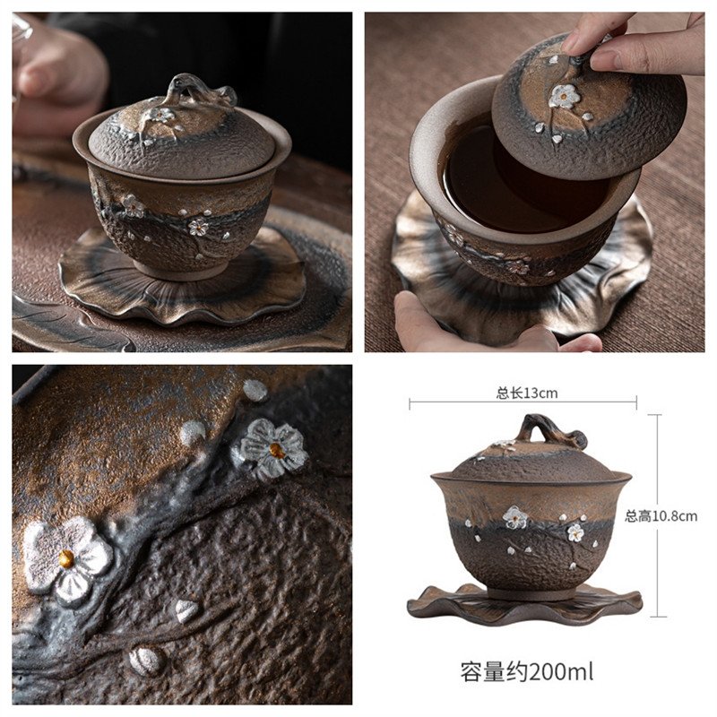 6.76fl Oz/200ml Rust Glaze Fine Silver Plum Blossom Pattern Gaiwan With Lotus Leaf Base 6.76fl Oz/200ml Rust Glaze Fine Silver Plum Blossom Pattern Gaiwan With Lotus Leaf Base