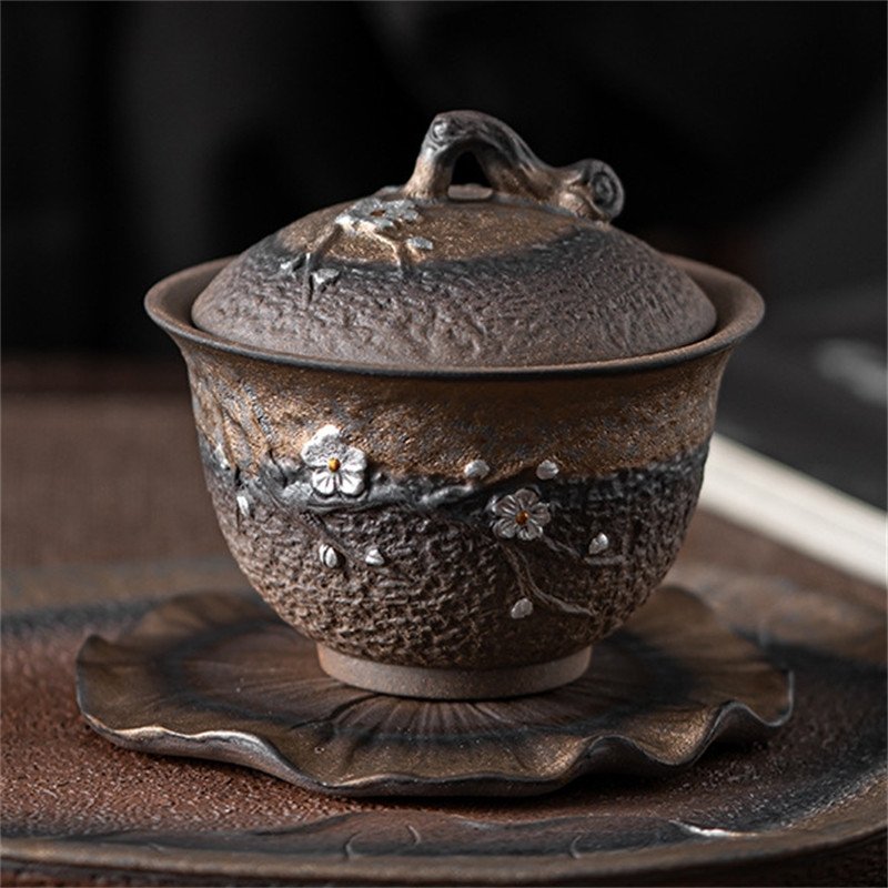 6.76fl Oz/200ml Rust Glaze Fine Silver Plum Blossom Pattern Gaiwan With Lotus Leaf Base 6.76fl Oz/200ml Rust Glaze Fine Silver Plum Blossom Pattern Gaiwan With Lotus Leaf Base
