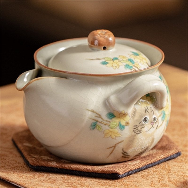 6.76fl Oz/200ml Cute Cat Pattern Ru Kiln Ceramic Modern Easy Gaiwan Teapot For Sale 6.76fl Oz/200ml Cute Cat Pattern Ru Kiln Ceramic Modern Easy Gaiwan Teapot For Sale