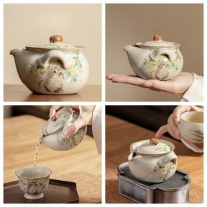 6.76fl Oz/200ml Cute Cat Pattern Ru Kiln Ceramic Modern Easy Gaiwan Teapot For Sale