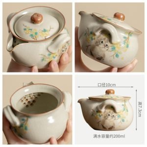 6.76fl Oz/200ml Cute Cat Pattern Ru Kiln Ceramic Modern Easy Gaiwan Teapot For Sale