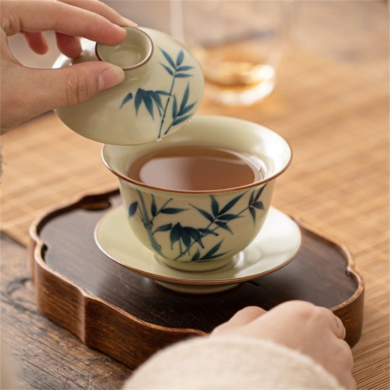 5.07fl Oz/150ml Hand Painted Bamboo Ru Kiln Dehua Porcelain Gaiwan Tea Cup 5.07fl Oz/150ml Hand Painted Bamboo Ru Kiln Dehua Porcelain Gaiwan Tea Cup