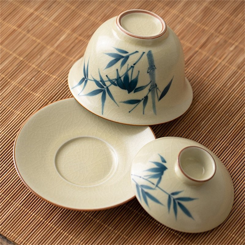 5.07fl Oz/150ml Hand Painted Bamboo Ru Kiln Dehua Porcelain Gaiwan Tea Cup 5.07fl Oz/150ml Hand Painted Bamboo Ru Kiln Dehua Porcelain Gaiwan Tea Cup