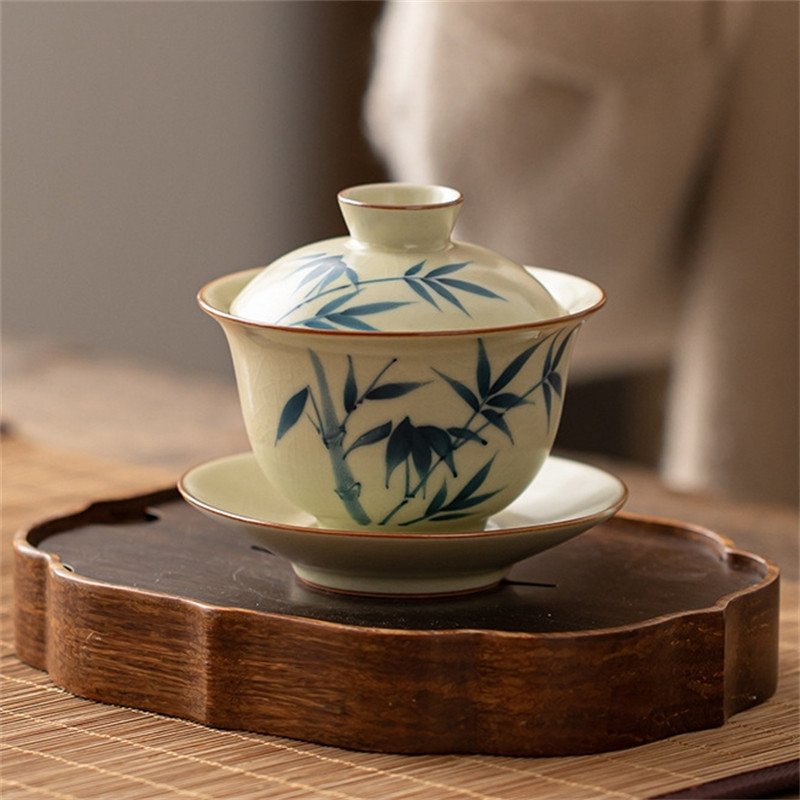 5.07fl Oz/150ml Hand Painted Bamboo Ru Kiln Dehua Porcelain Gaiwan Tea Cup 5.07fl Oz/150ml Hand Painted Bamboo Ru Kiln Dehua Porcelain Gaiwan Tea Cup
