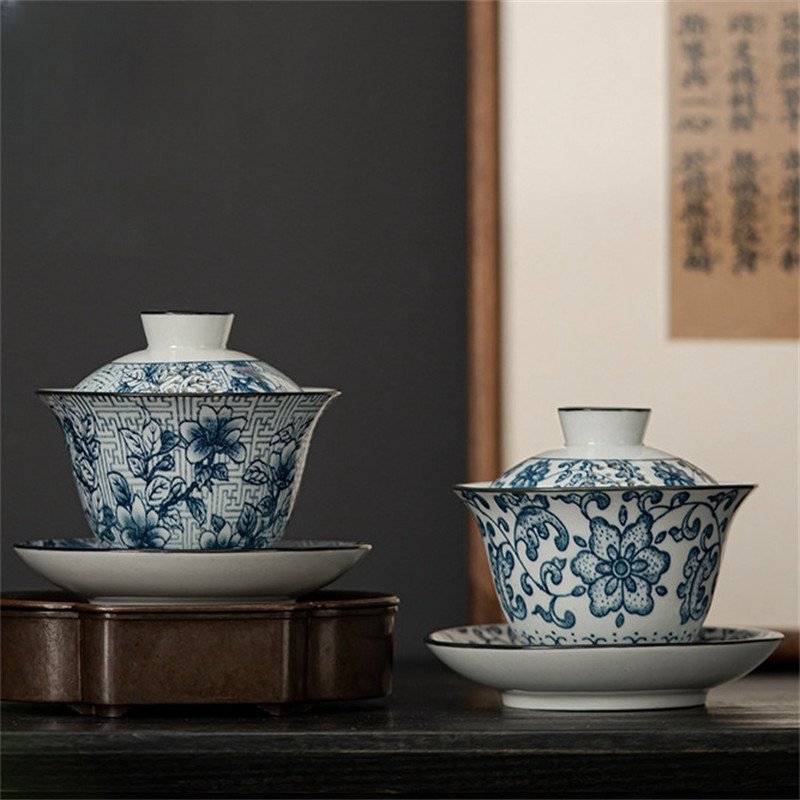 6.08fl Oz/180ml Magnolia Flower Pattern Blue And White Porcelain Easy Gaiwan Teapot 6.08fl Oz/180ml Magnolia Flower Pattern Blue And White Porcelain Easy Gaiwan Teapot