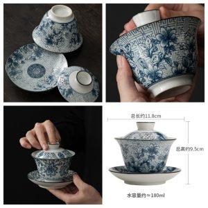 6.08fl Oz/180ml Magnolia Flower Pattern Blue And White Porcelain Easy Gaiwan Teapot
