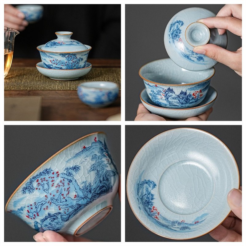 3.38fl Oz/100ml Blue Landscape Painting Ru Kiln Dehua Porcelain Gaiwan Tea Cup For Sale 3.38fl Oz/100ml Blue Landscape Painting Ru Kiln Dehua Porcelain Gaiwan Tea Cup For Sale
