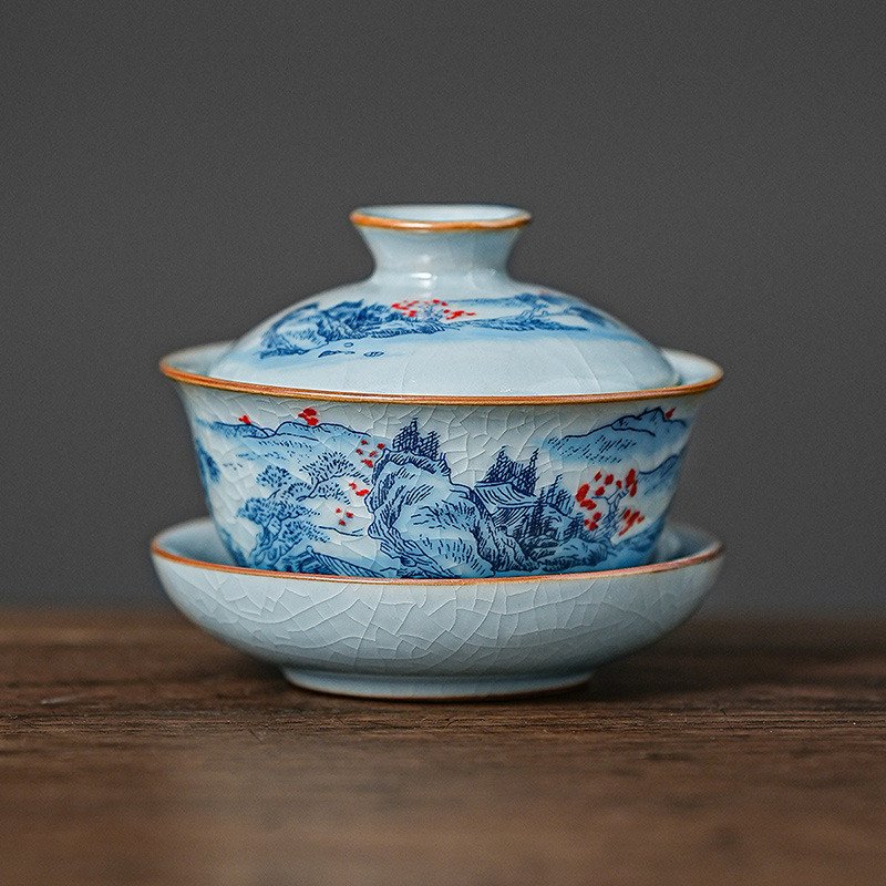 3.38fl Oz/100ml Blue Landscape Painting Ru Kiln Dehua Porcelain Gaiwan Tea Cup For Sale 3.38fl Oz/100ml Blue Landscape Painting Ru Kiln Dehua Porcelain Gaiwan Tea Cup For Sale