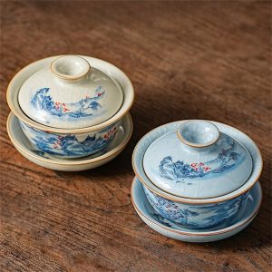 3.38fl Oz/100ml Blue Landscape Painting Ru Kiln Dehua Porcelain Gaiwan Tea Cup For Sale